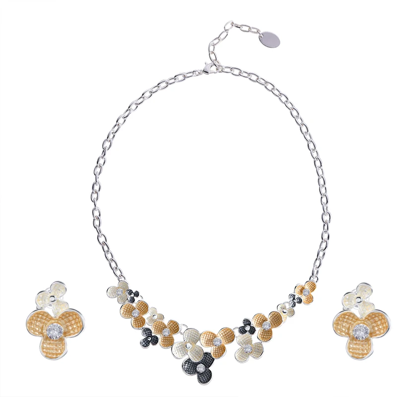 

Fashion Jewelry Silver Tone Flowers Enameled Necklace And Earrings Set For Women