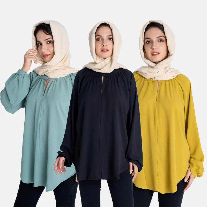 

5XL Plus Size Wholesale Malaysia Dubai Abaya Muslim Women Top Long Sleeve Casual Crew Neck Modest Polyester Muslim Blouses Shirt