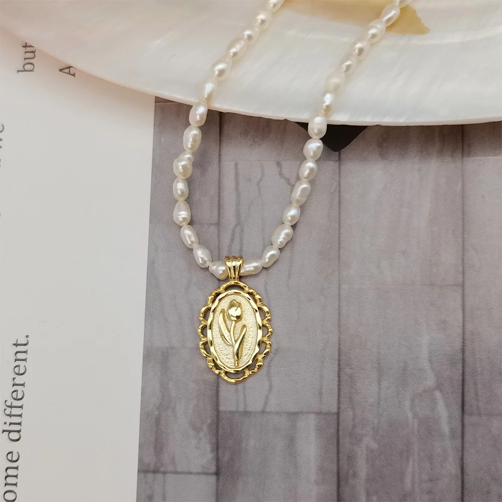 

high quality dainty gold vermeil s925 sterling silver baroque fresh water pearl necklace tulip shape choker pendant necklace