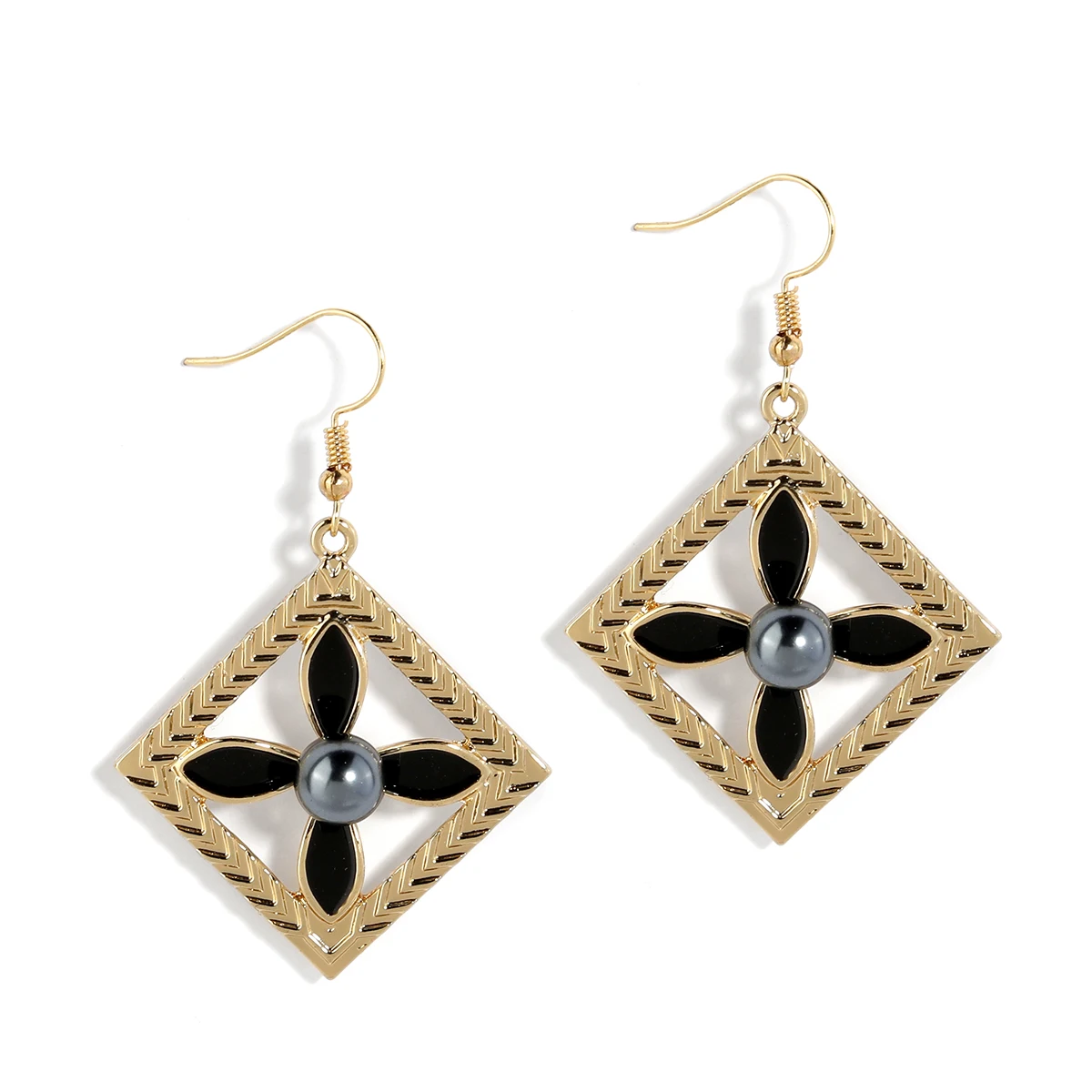 

Fashion 18K Gold Plated Square Shape Earring New Design Black Pearl Oil Drop Women Drop Earrings Wholesale