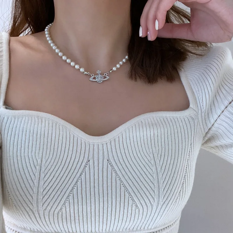 

New Simple And Complete Diamond Planet Pearl Clavicle Chain Fashion Women's Gift Direct Sales