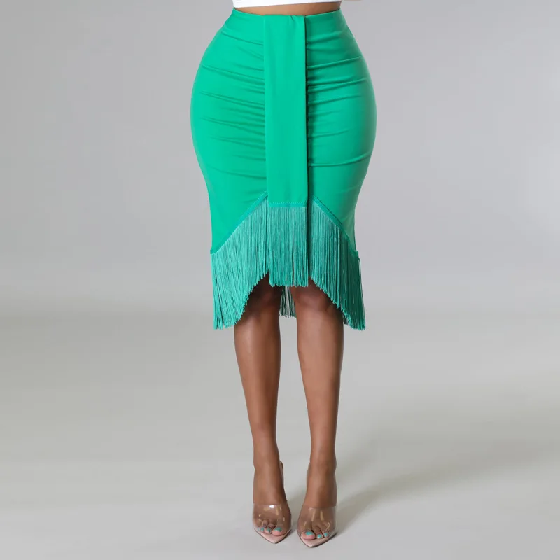 

Plus Size Elegant Skirt For Women Tassel Fringe Bottom Girl Green Pleated High Waist Skirts