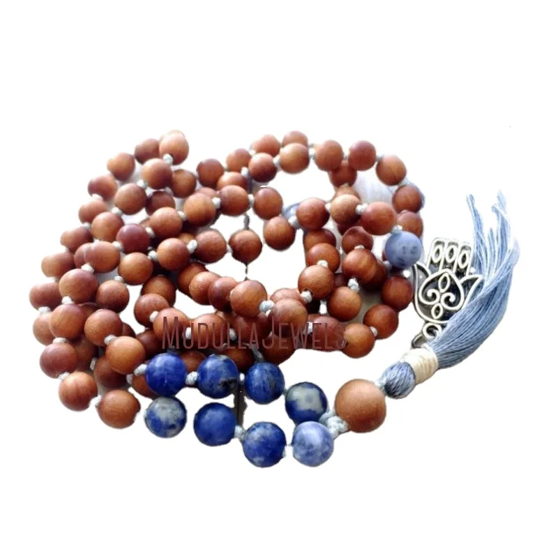 

MN21363 Sandalwood knotted mala beads hamsa charm silk tassel hand knotted 108 mala necklace sodalite gemstone mala