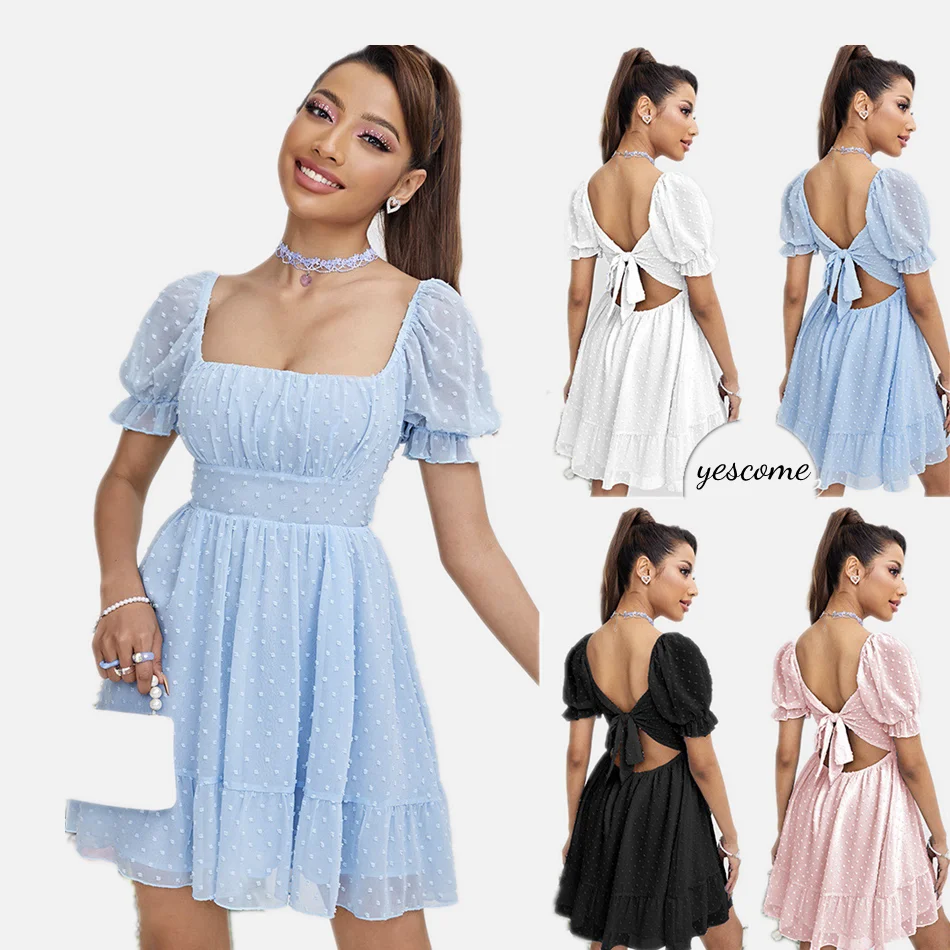 

Elegant Blue A-line Bow Knot Women Dress Summer Holiday Ruffle Puff Short Sleeve Beach Sundress Smock Bow Mini Vestido, Picture color