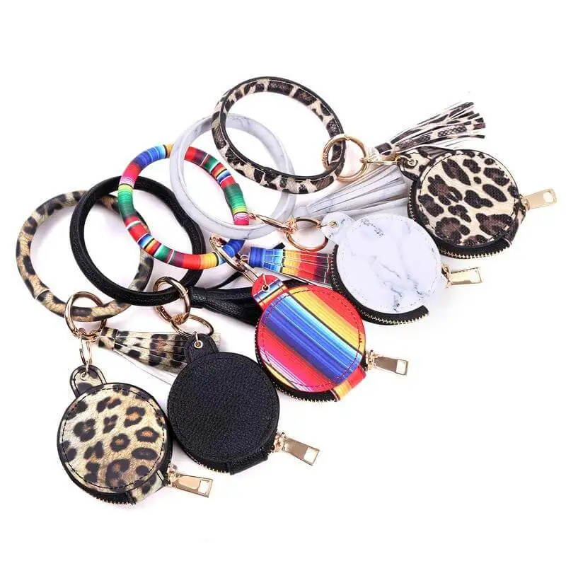 

2021 Tassel Keychain Bracelet Protective Case for Earphone with Makeup Mirror Wristlet Keychain Coin Purse