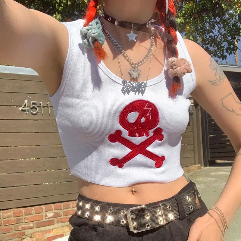 

Wholesale Best Price Women Ribbed Crop Top Casual O-Neck White Sleeveless Gym Vest Streetwear Gothic Skulls Embroidery Tank Top