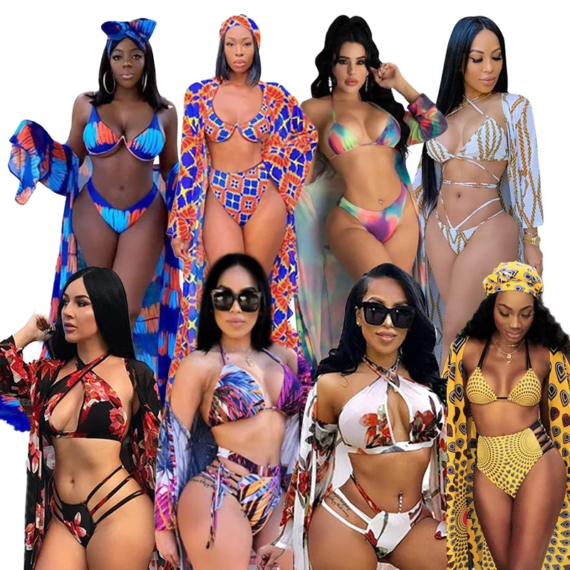 

Custom Print African Bikini Bathing Suits Plus Size Swimsuits and 3 Piece Swimwear with Cover Ups For Women
