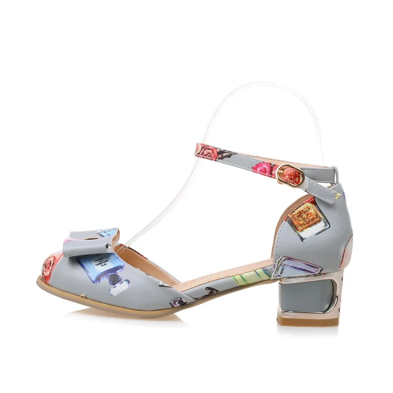 

New Round-head Printing Bow Knot Buckle Strap Lovely Lady Shoes, Ecru,white,grey,black