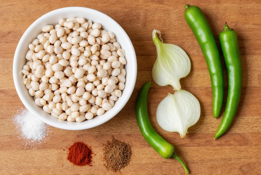 Zutaten für weißen Hühnch Chili auf Holztisch arrangiert