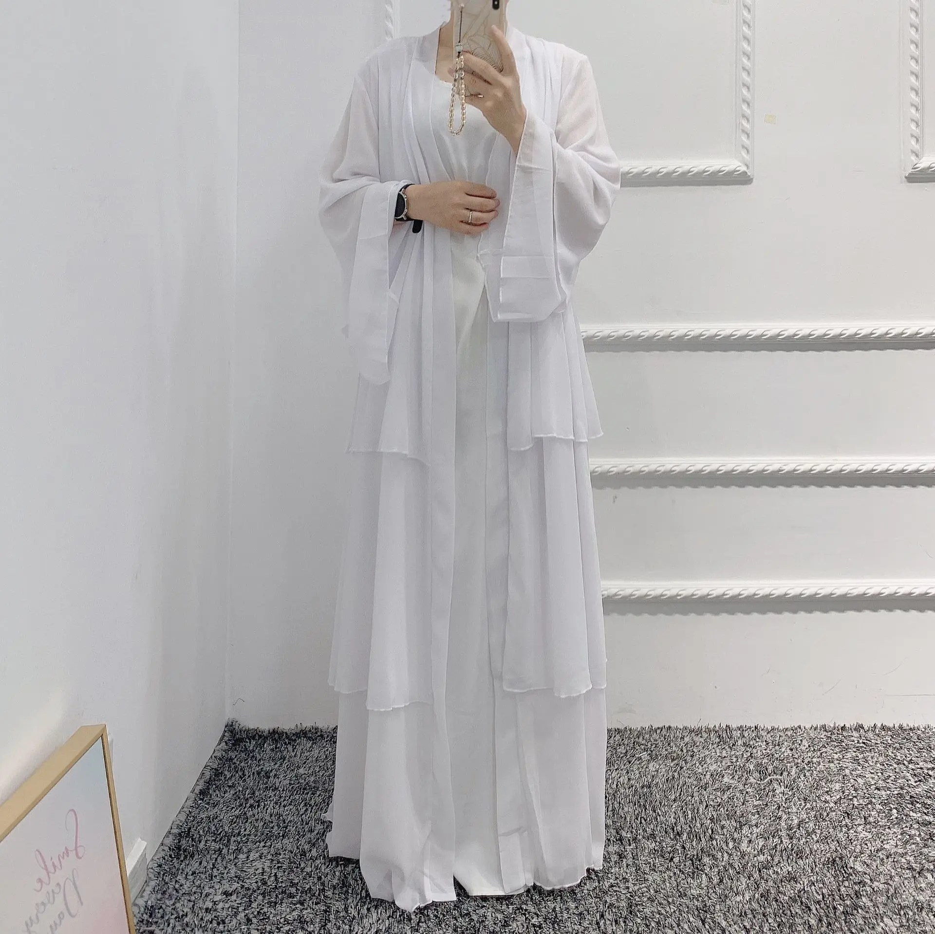 

2021 New Dubai Muslim Abaya Dress Arabic Pearl Chiffon 3-layer Long Cardigan Cardigan Ladies Flowy Robe, As shown