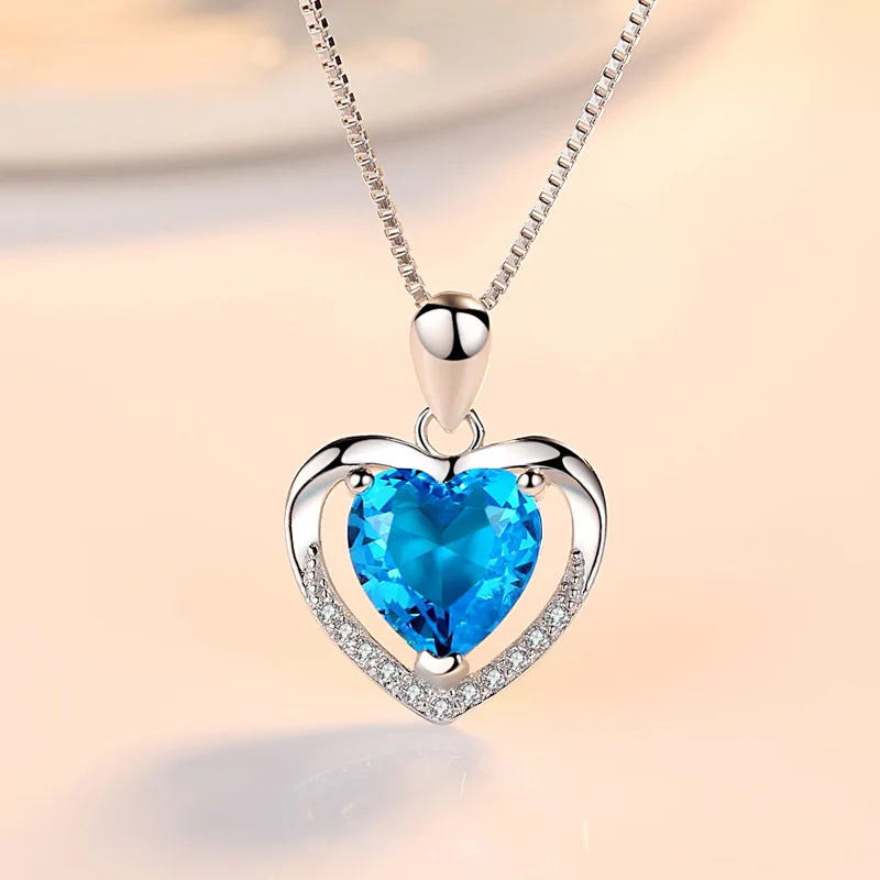 

Amazon Hotsale Adjustable Box Chain Blue Crystal Heart Clavicle Pendant Necklaces Delicate 925 Sterling Silver Heart Necklace