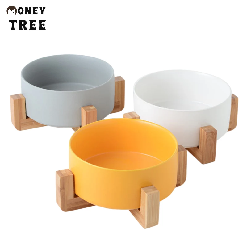 

Non Slip Ceramic Matted Elevated Multi-color Bowl Product Wooden Stand Cat Dog Bowl Round Pet products Pet Bowls, Blue,green,red,yellow,black,etc