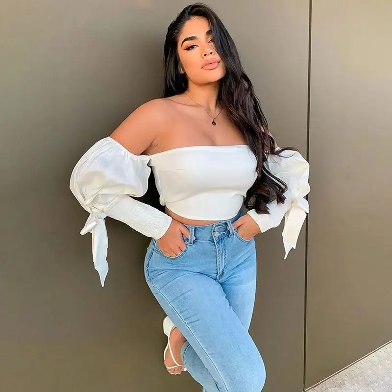 

New design ladies tops with bow tie long puff sleeve woman blouse off shoulder ladies'blouse & tops, Customized color