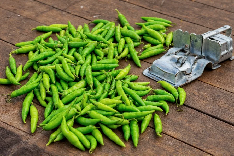 Freshly harvested Hatch green chilies arranged on wooden table with roasting equipment