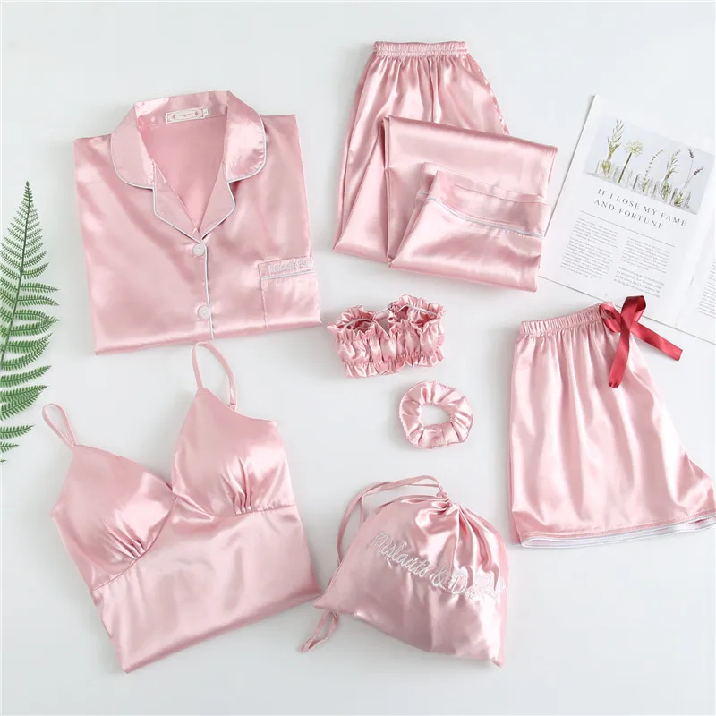 Women Silk Satin embroider Pajamas 7pcs Long Sleeve Loungewear Pajamas Women Sleepwear PJ Sets