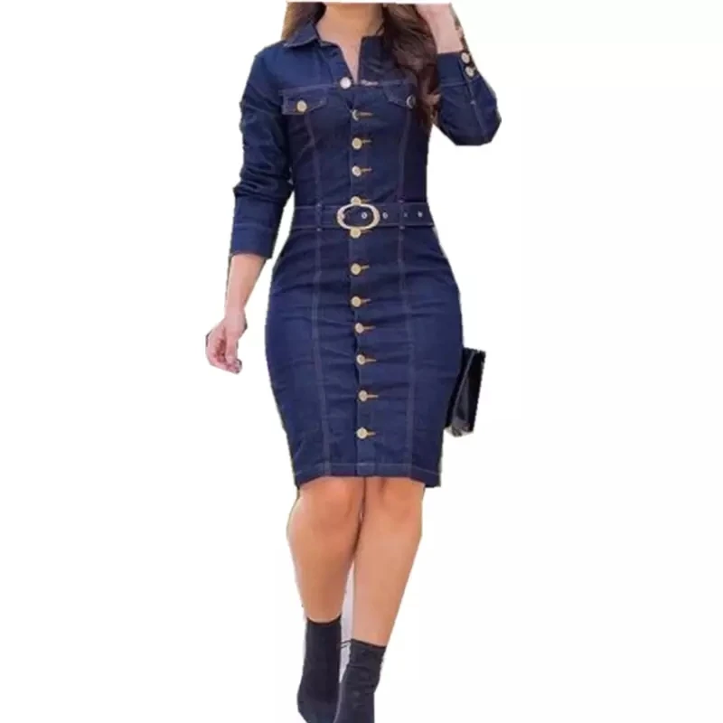 

Women Denim Dress Long Sleeved Casual Lapel Collar Elegant Solid Color High Waist Knee-Length Dress Single Breasted Jeans