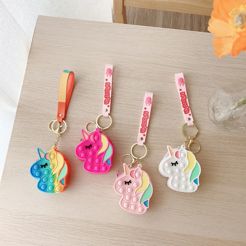 

Wholesale New Fashion Cute mini ziplock bags pop it keychain coin purse Design Silicone kids girl pop it purse unicorn, 12 colors