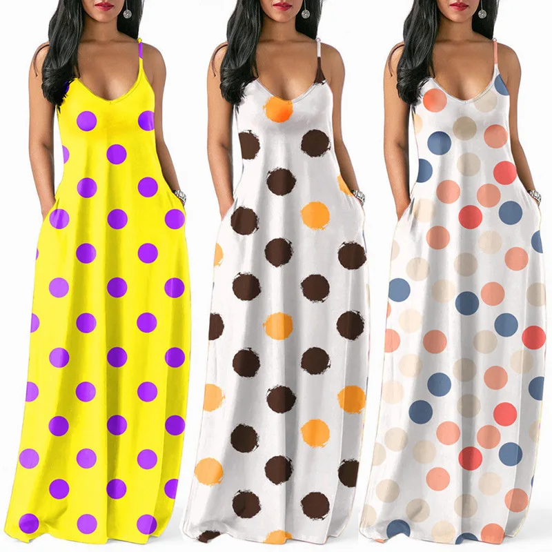 

Plus Size 3 Colors Spaghetti Strap Sleeveless Polka Dot Long Maxi Dress Women Summer Sexy Deep V Neck Dot Long Dresses, Customized color