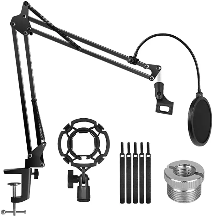 

Microphone Stand Adjustable Suspension Boom Scissor Arm Stand with 3/8"to 5/8" Screw Adapter Shock Mount Windscreen Pop Filter