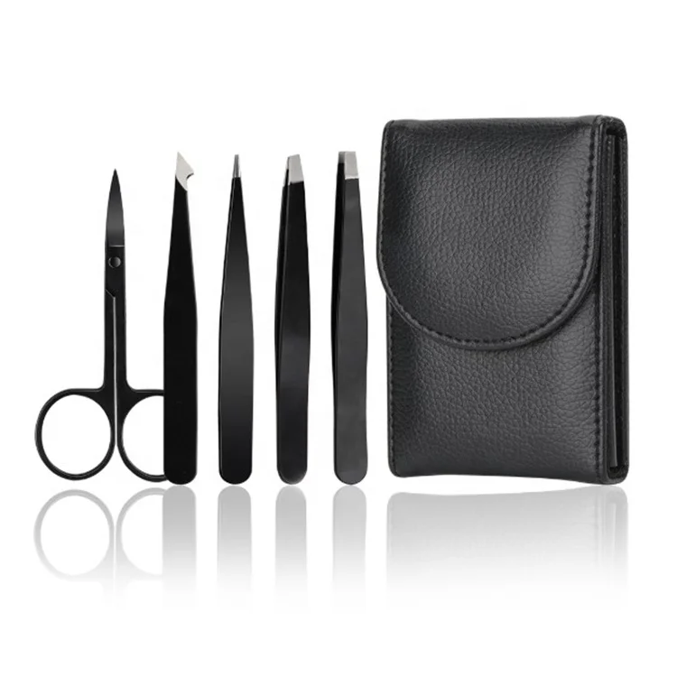 

FYD 5 Pcs/Set Eyebrow Tweezers Stainless Steel Set Hair Removal Makeup Tools Eye Brow Clips with PU Bag, Black