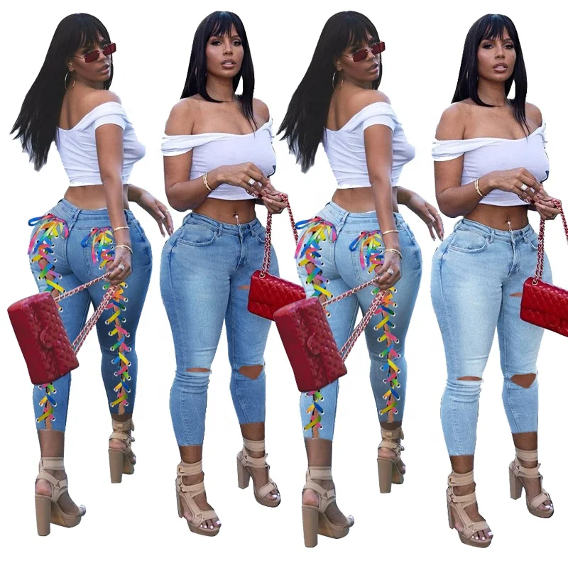 

D992 Best selling back ribbon bandage jeans trousers for women slim fit plus size blue woman jeans, As picture or customized make