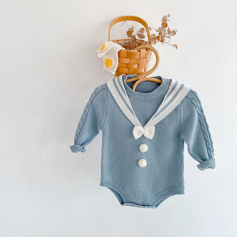 

Baby Bodysuit Long Sleeve Knitted Solid Blue Colour Sailor Collar Cute Newborn Boys Girls Jumpsuits Autumn Infant Clothes, As picture