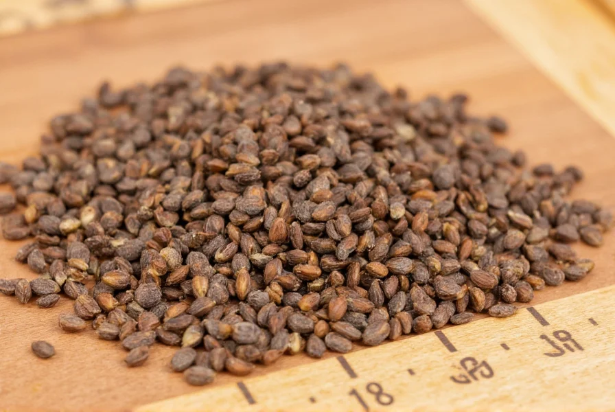 Close-up photograph of anise seeds showing their distinctive crescent shape and gray-brown color on a wooden cutting board with measuring scale