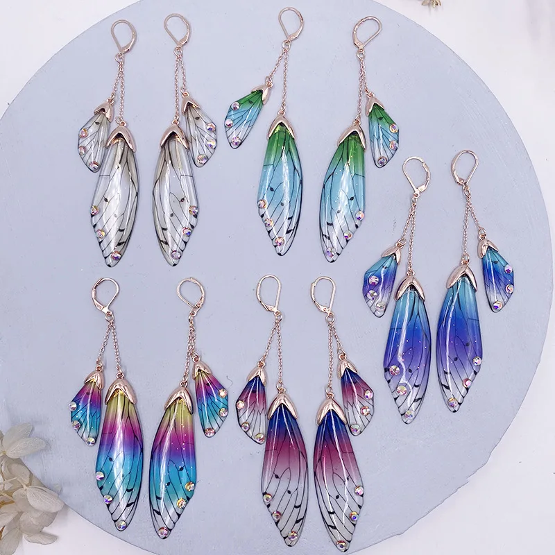 

New Trendy Long Tassel Earrings Simulation Cicada Wings Rhinestone Dangle Earrings