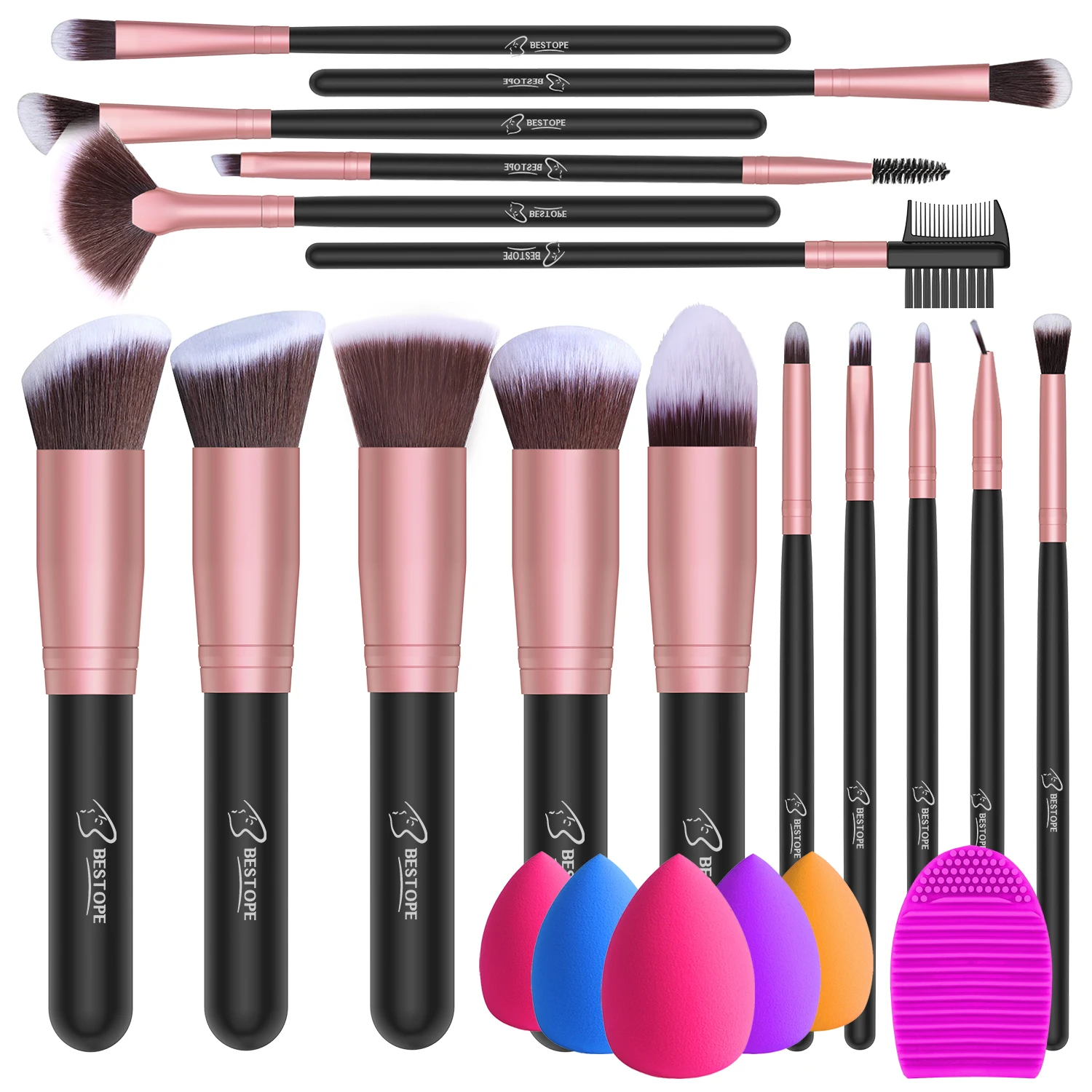 

Bestope Wholesale High Quality 16 Pcs Brochas Maquillaje Amazon Top Seller Professional Foundation Makeup Brushes Sponge Set, Rose golden