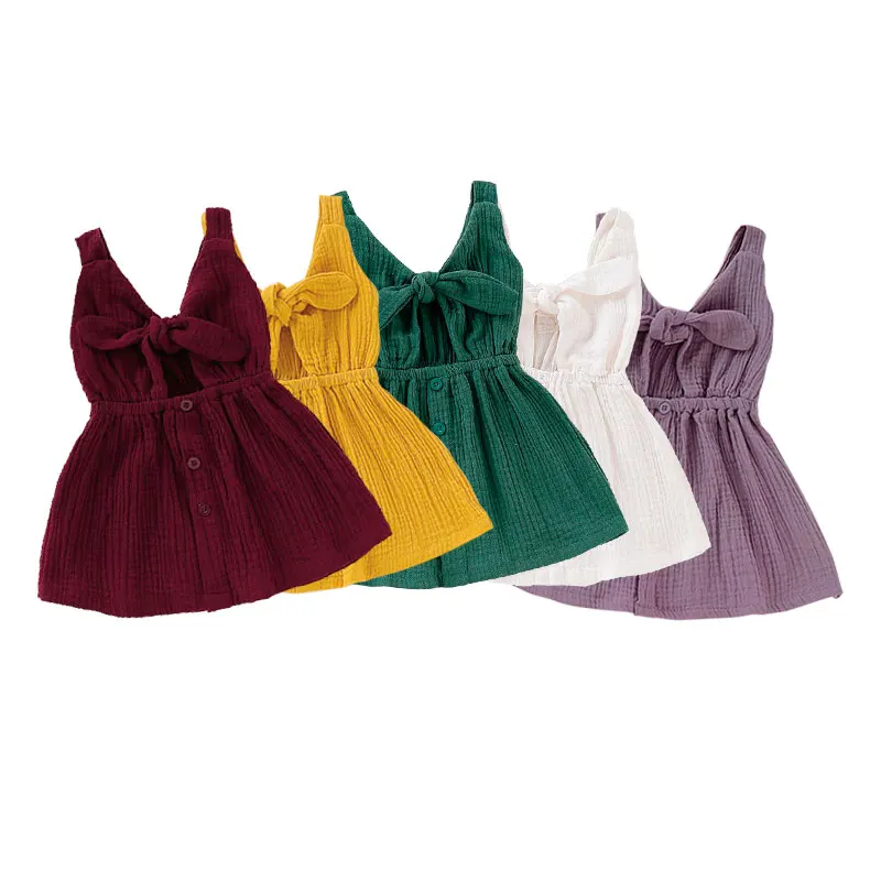 

2021 Boutique New born Girl baby clothes Sleeveless Dress Backless Bowknot Baby Summer Linen Dress Clothes, Purple, green ,yellow, rose madder, yellow