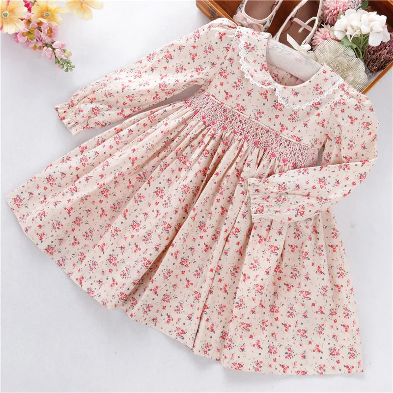 

B75479 autumn flower girls' dresses baby smocked hand made cotton kids clothes children outwear boutiques wholesale