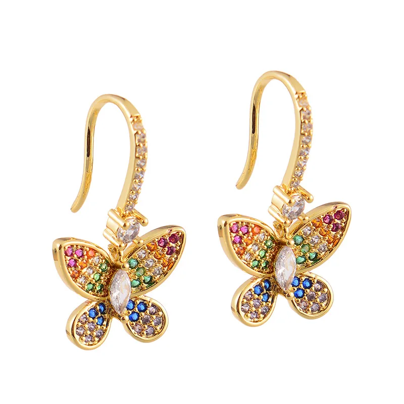 

European Trendy Real Gold Plated Rainbow CZ Zircon Butterfly Hook Earrings Bling Full Colorful Diamond Butterfly Drop Earrings