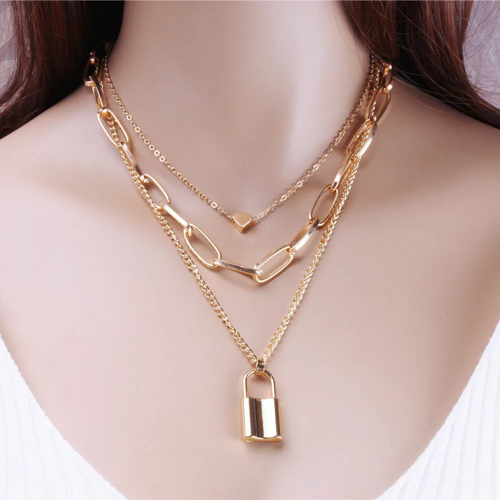 

Personality 18k Gold Plated Lock Shape Necklace Hip Hop Multilayer Cuban Link Chain Lock Pendant Necklace Fashion Jewelry Unisex