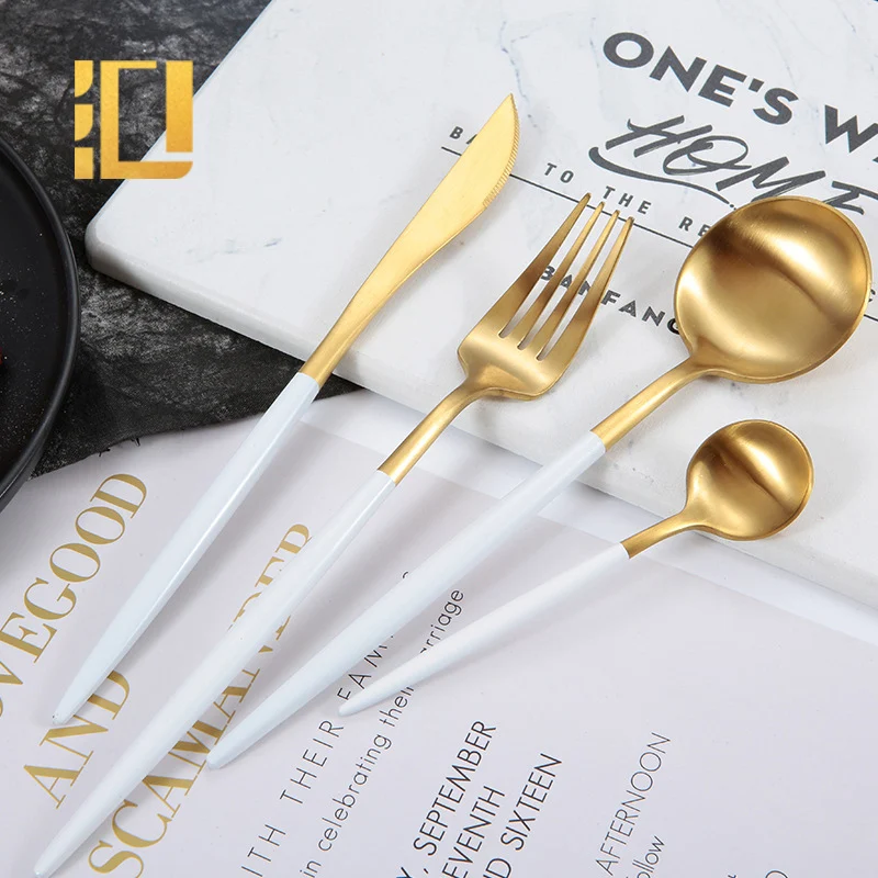 

Luxury High Quality Wedding Stainless Steel Gold Spoon Fork Knife Matte Gold White Cutlery Set, Gold pink, gold white, gold black