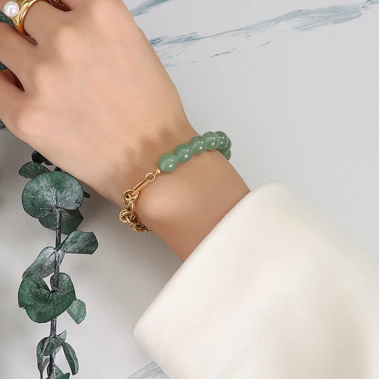 

18K gold stainless steel powerful bead natural green stone volcanic handmade unique chain toggle clasp bracelet for woman, Optional as picture,or customized