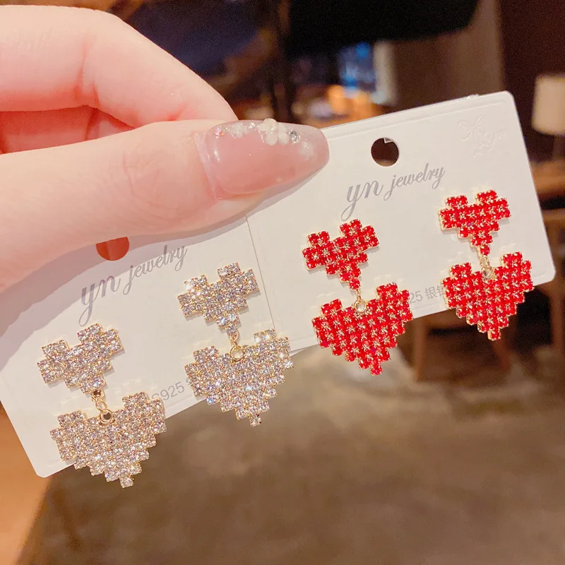 

Trendy Full Diamond S925 Sterling Silver Needle Heart Earrings Personality Rhinestone Crystal Red 2 Heart Stud Earrings