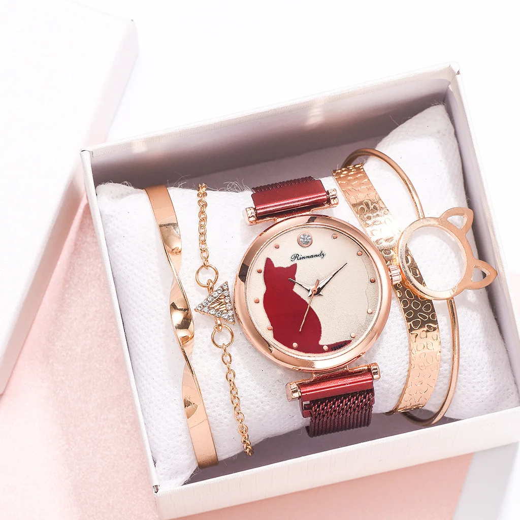 

Cat Dial Bracelet Magnetic Watches Set Luxury Women's Dress Bangle Quartz Clock Ladies Fashion Wrist Watch Gift Zegarek Damski