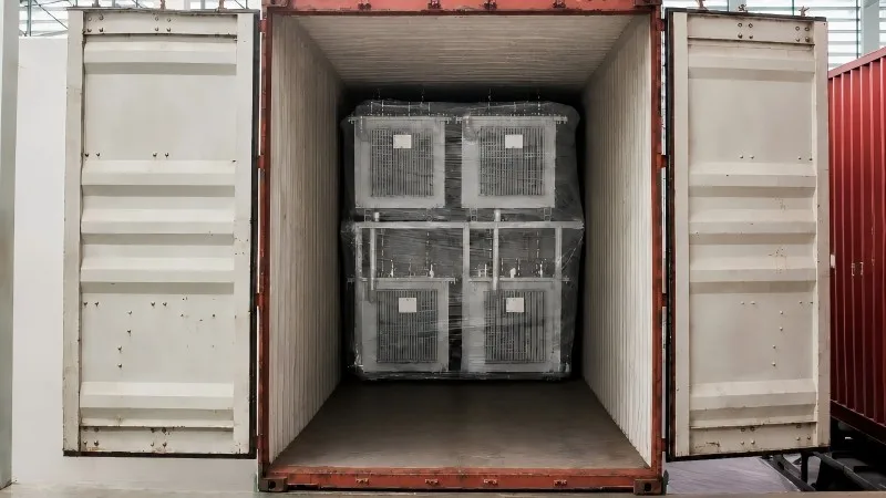 Oil-immersed transformers secured inside a shipping container
