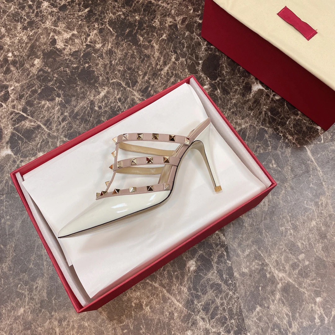 

Women Luxury Sexy High Heels Tube Shoe Patent Leather Metal Rivet Sandals Red Bottom Shoes Heel