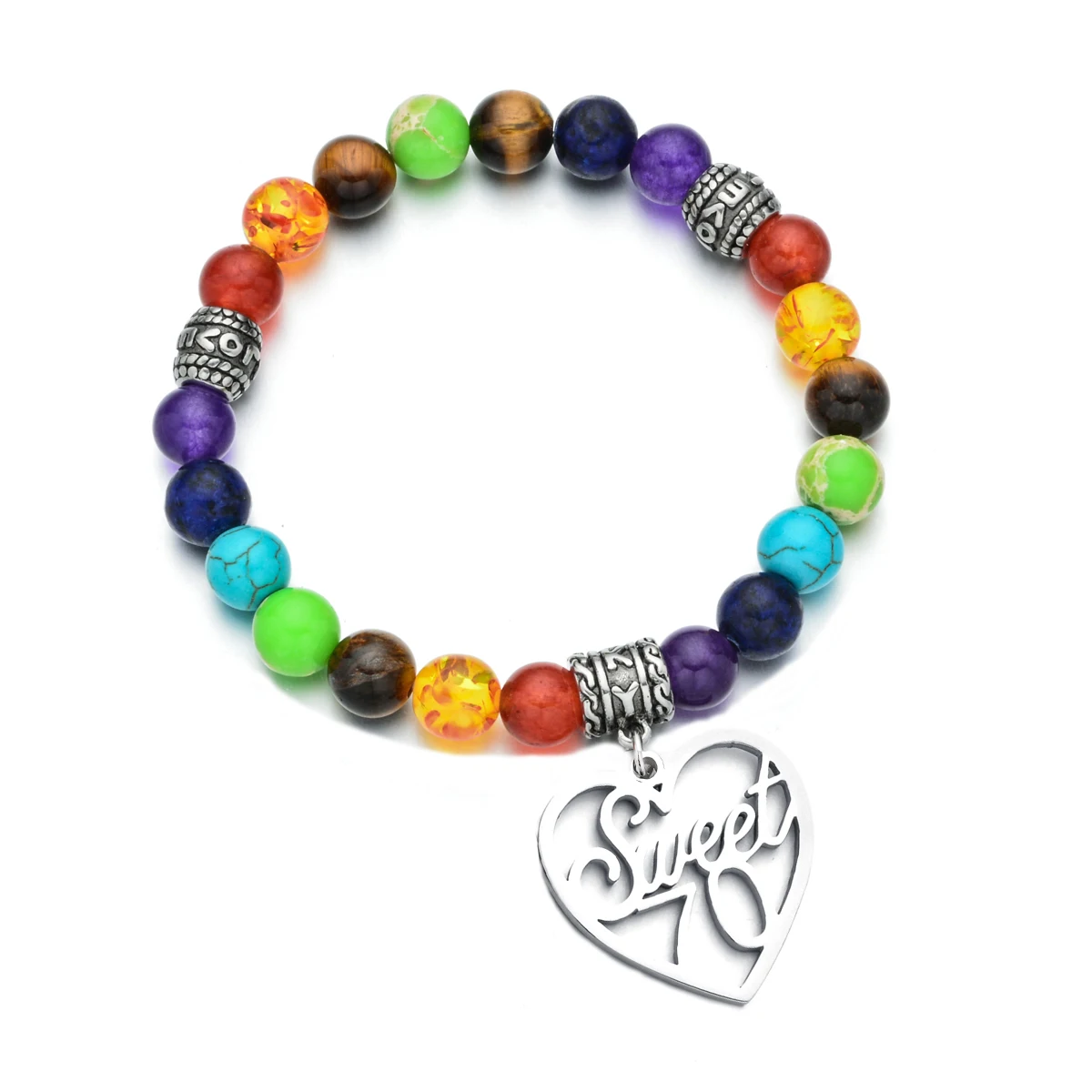 

Sweet 70th Happy Birthday Bracelet 7 Chakra Beaded Stretch Elastic Healing Charm Bangle Jewelry Gifts for elders 8mm