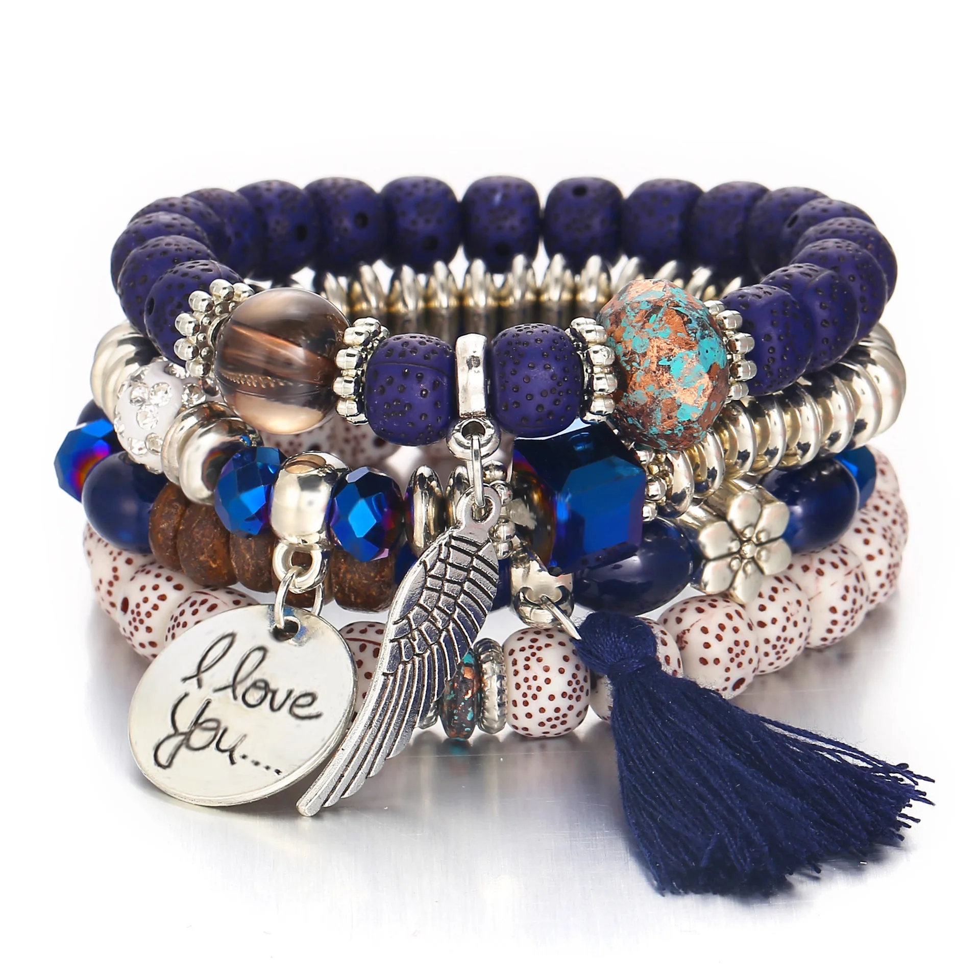 

4Pcs/Set Bohemian Style Multi Layers Lotus Seed Beads Wing Charm Tassel Bracelet Set for Women