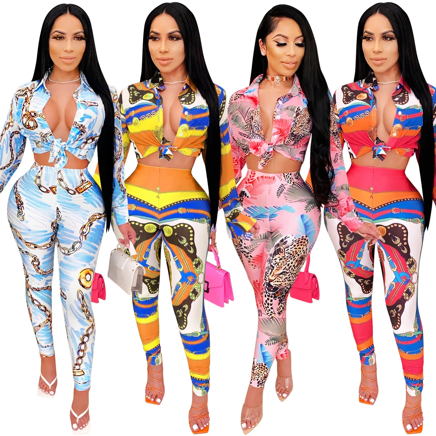 

2021 Latest Casual Designs Long Sleeve Clothes Women Print Two Piece Set Women Clothing Sexy Bandage 2 Peice Outfits For Women