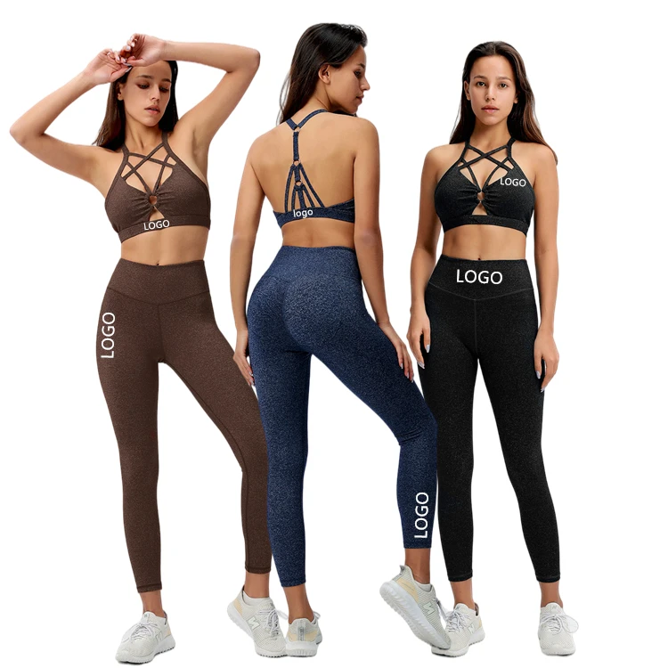

2 Piece Women Sports Bra Apparel Fitness Clothing High Waisted Workout Leggings Running Breathable Cross Sexy Bra Gym Set, Accept customized colors