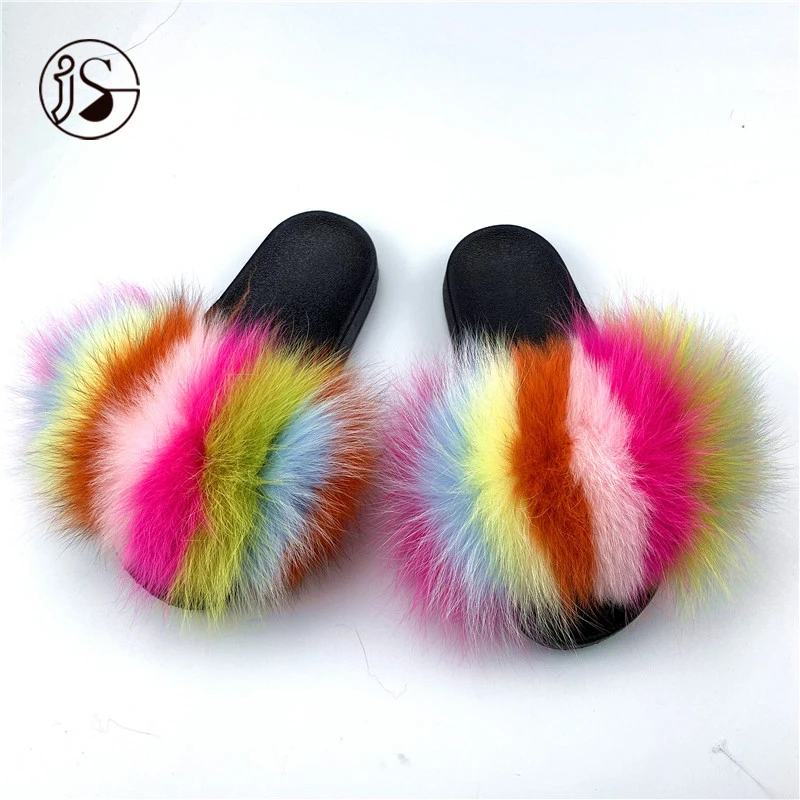 

EVA sole furry slides wholesale hot selling 100% fluffy fox fur slippers for women ladies slippers, Picture