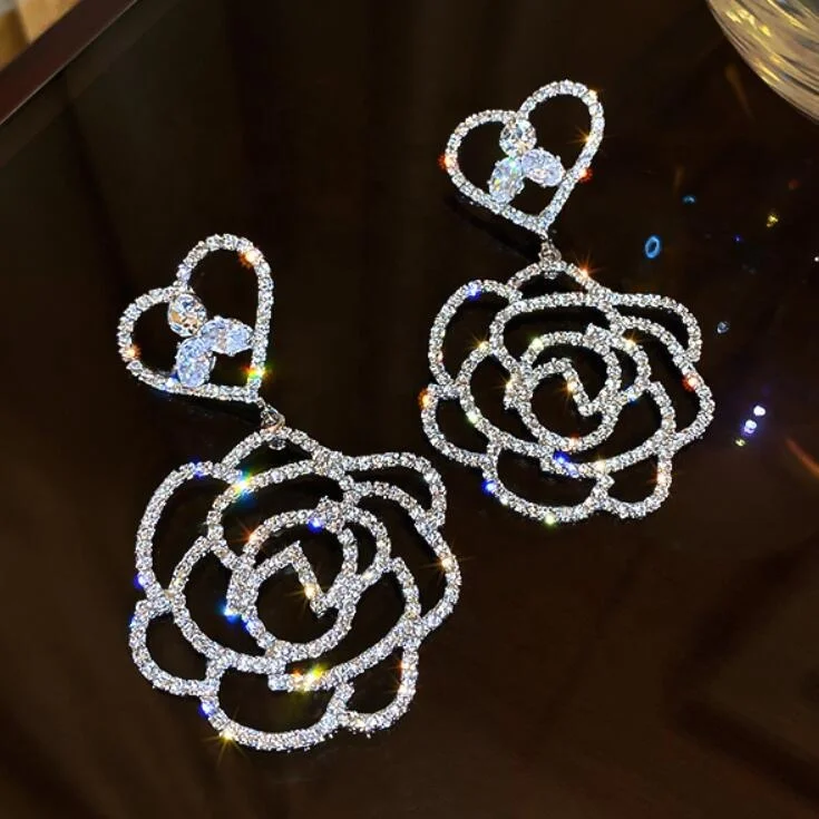 

Hollow diamond-studded flower earrings silver plated crystal cubic zircon earring rose flower filigree dangle gg earrings women, Many colors fyi