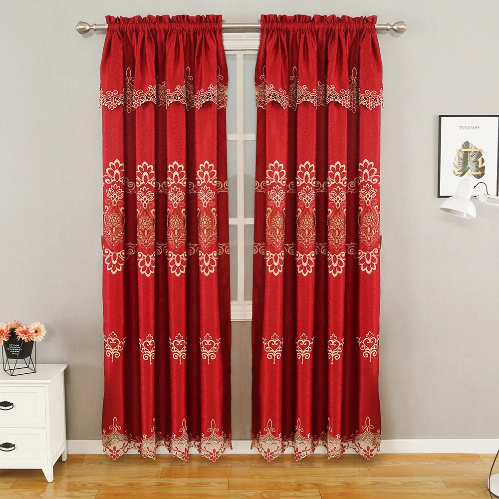 

Wholesale luxury European and American burgundy embroidered lace curtain with valance living room curtain