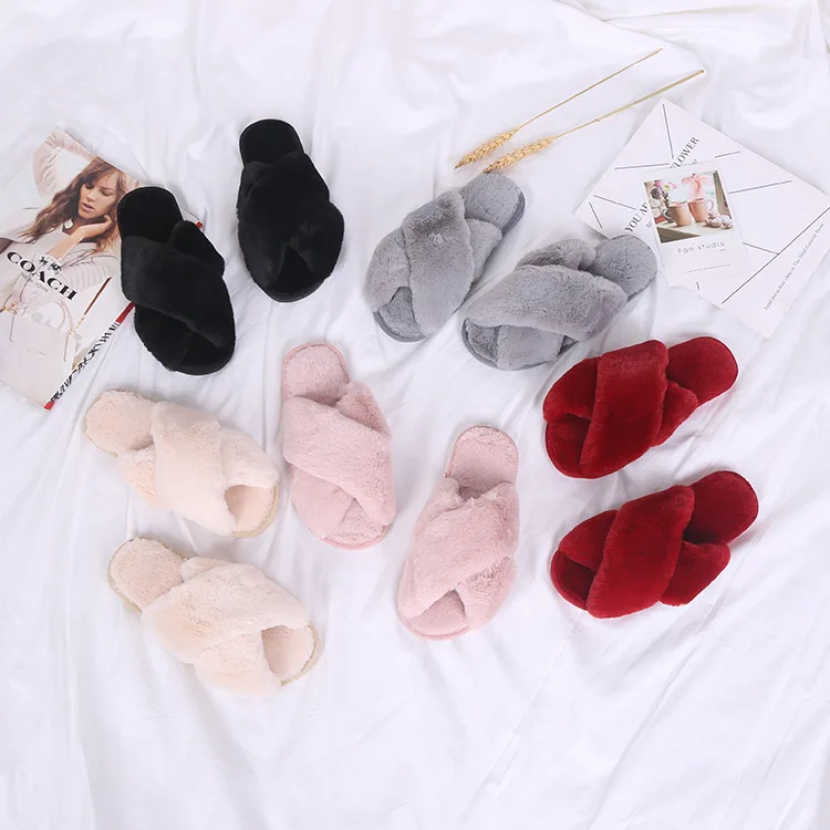 

Best selling new design ladies four seasons home plush slippers indoor fashion non-slip cross open toe cotton slippers, As the picture show