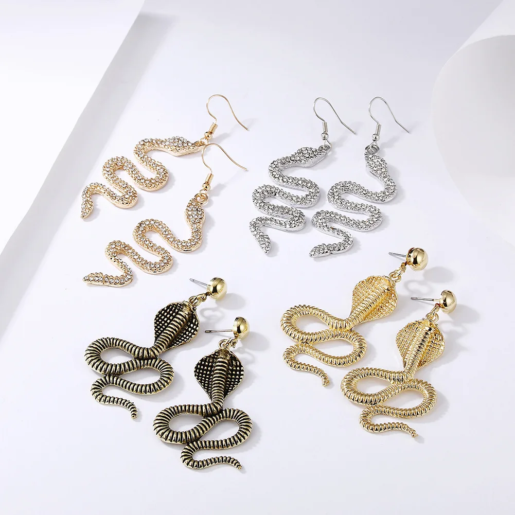 

Snake Shaped Micro-set Diamond Earrings Personality Exaggerated Metal Punk Style Earrings Creative Snake Animal Earrings, Picture shows