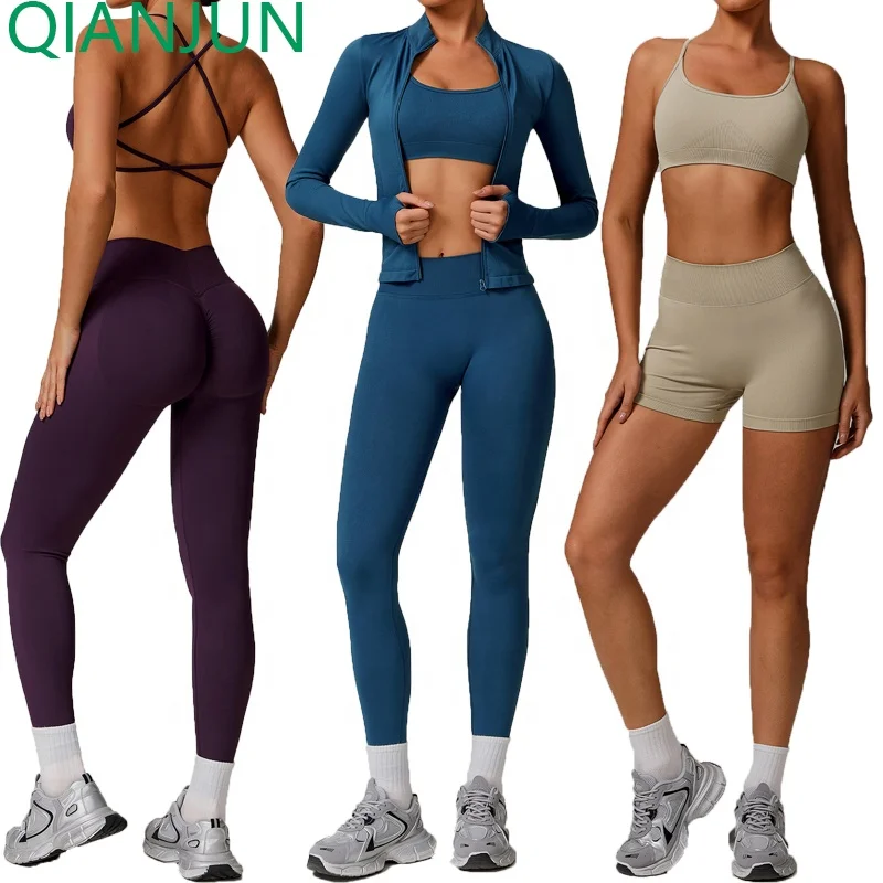 Custom Logo Seamless Yoga Sets Workout Full Zip up Yoga Gym Fitness Shorts Sleeve Workout Sets for Women