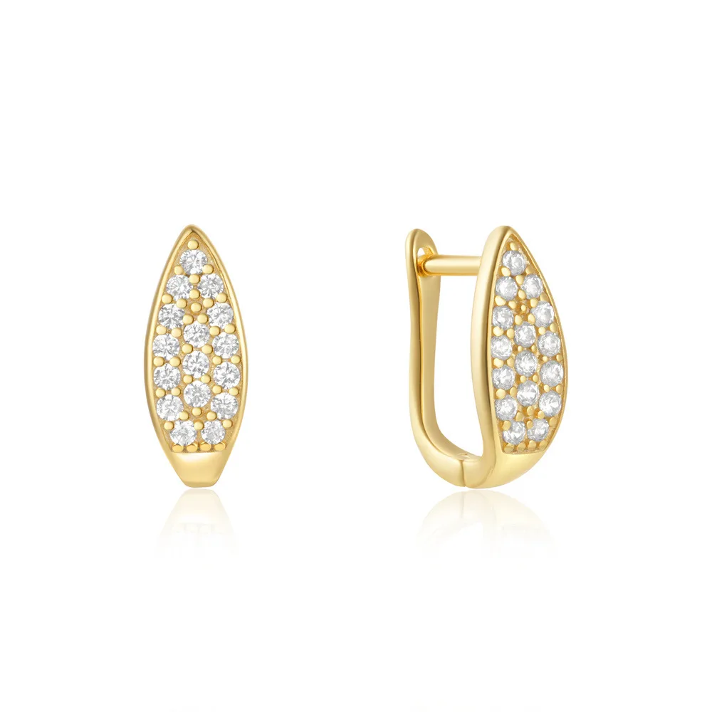 Fashion Jewelry 925 Sterling Silver Earrings Geometric Leaf Shape Full Diamond Gold Plated Hoop Earrings Women Luxury